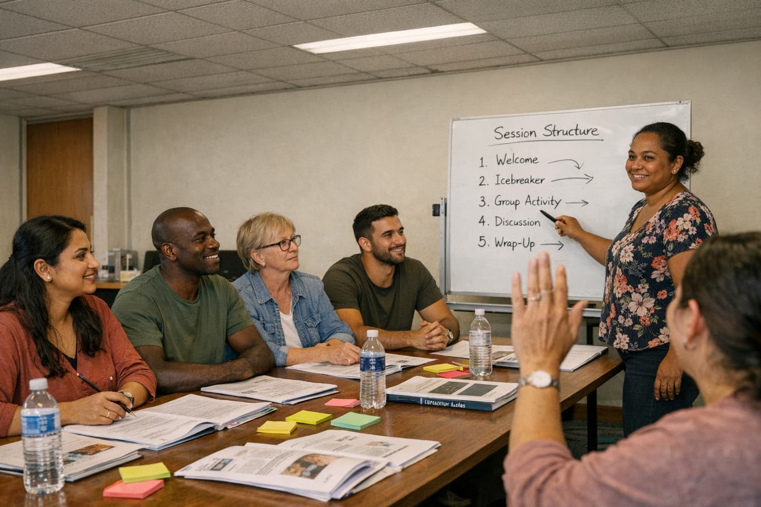 Diverse allied health professionals in a VoiceAbility facilitator training session around a table with printed materials