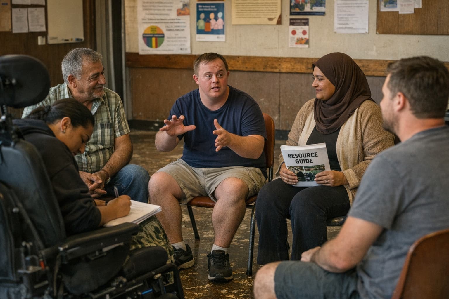 Peer support group of people with disability from diverse Western Sydney backgrounds seated in a community hall circle