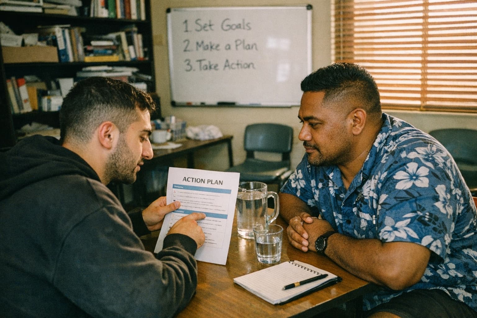 Young Lebanese-Australian man with psychosocial disability in a one-on-one mentoring session reviewing an action plan