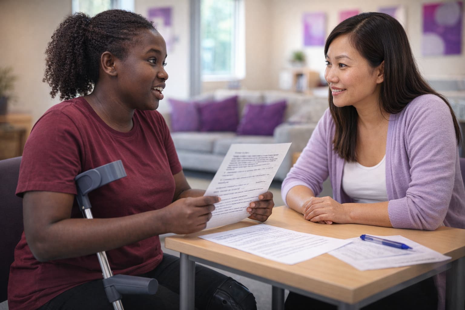 One-on-one self-advocacy coaching session between a participant with disability and a facilitator in a community space