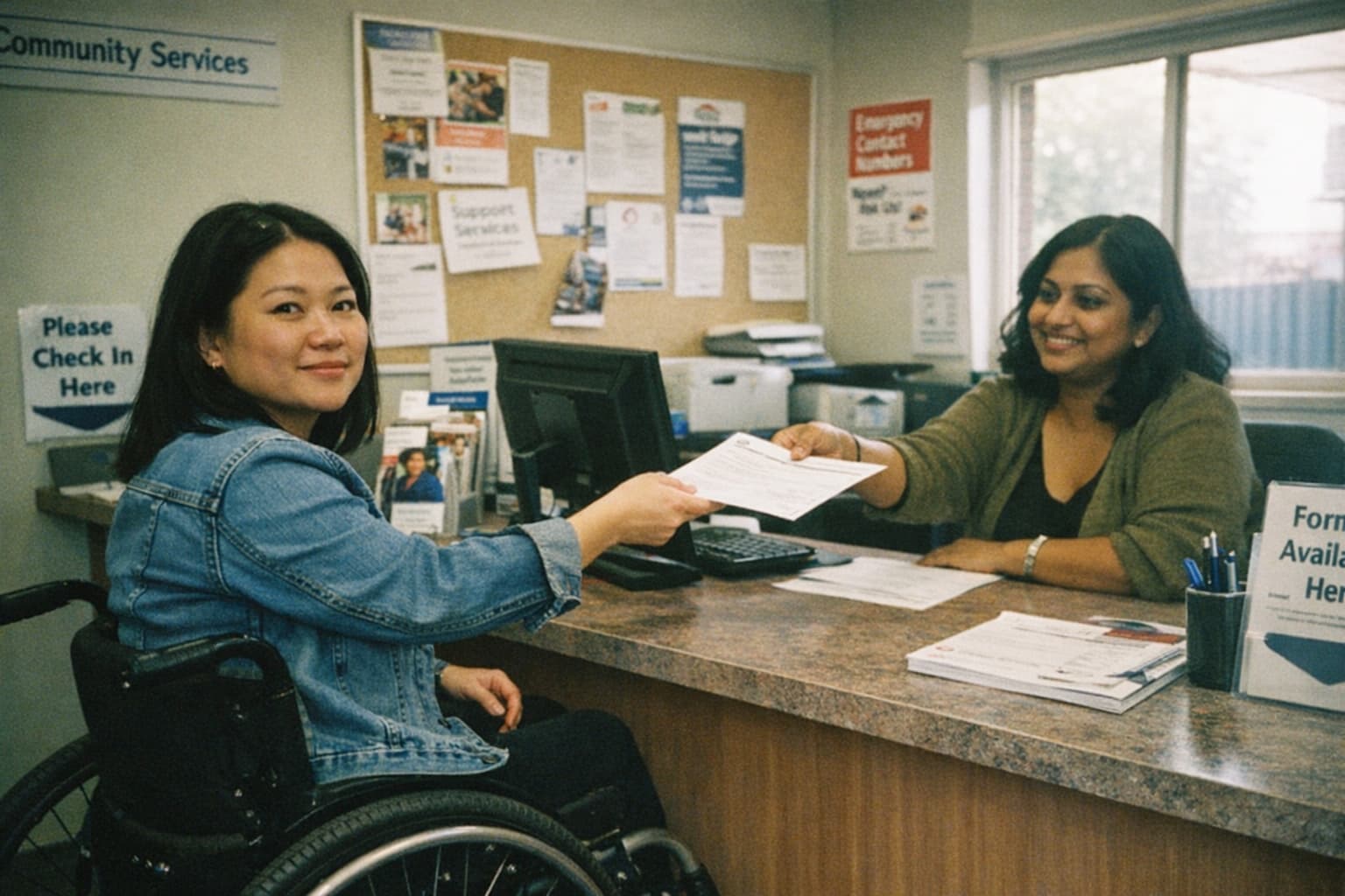 Vietnamese-Australian woman in wheelchair confidently submitting a form at a community services reception desk