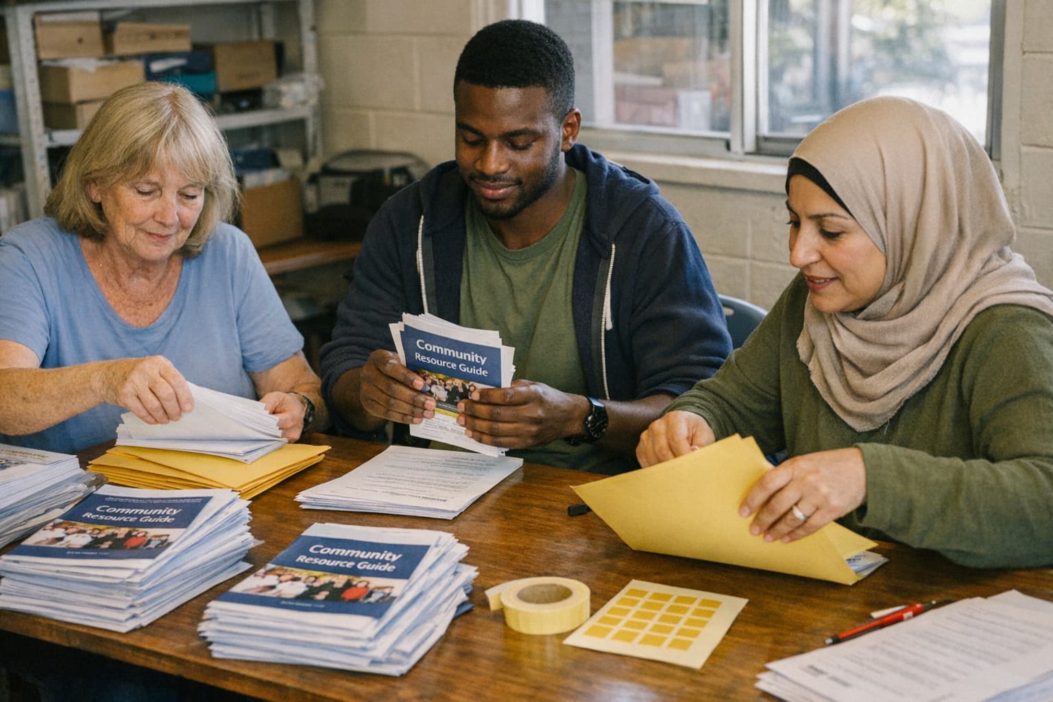 Diverse community volunteers sorting disability self-advocacy resource guides at a community centre table