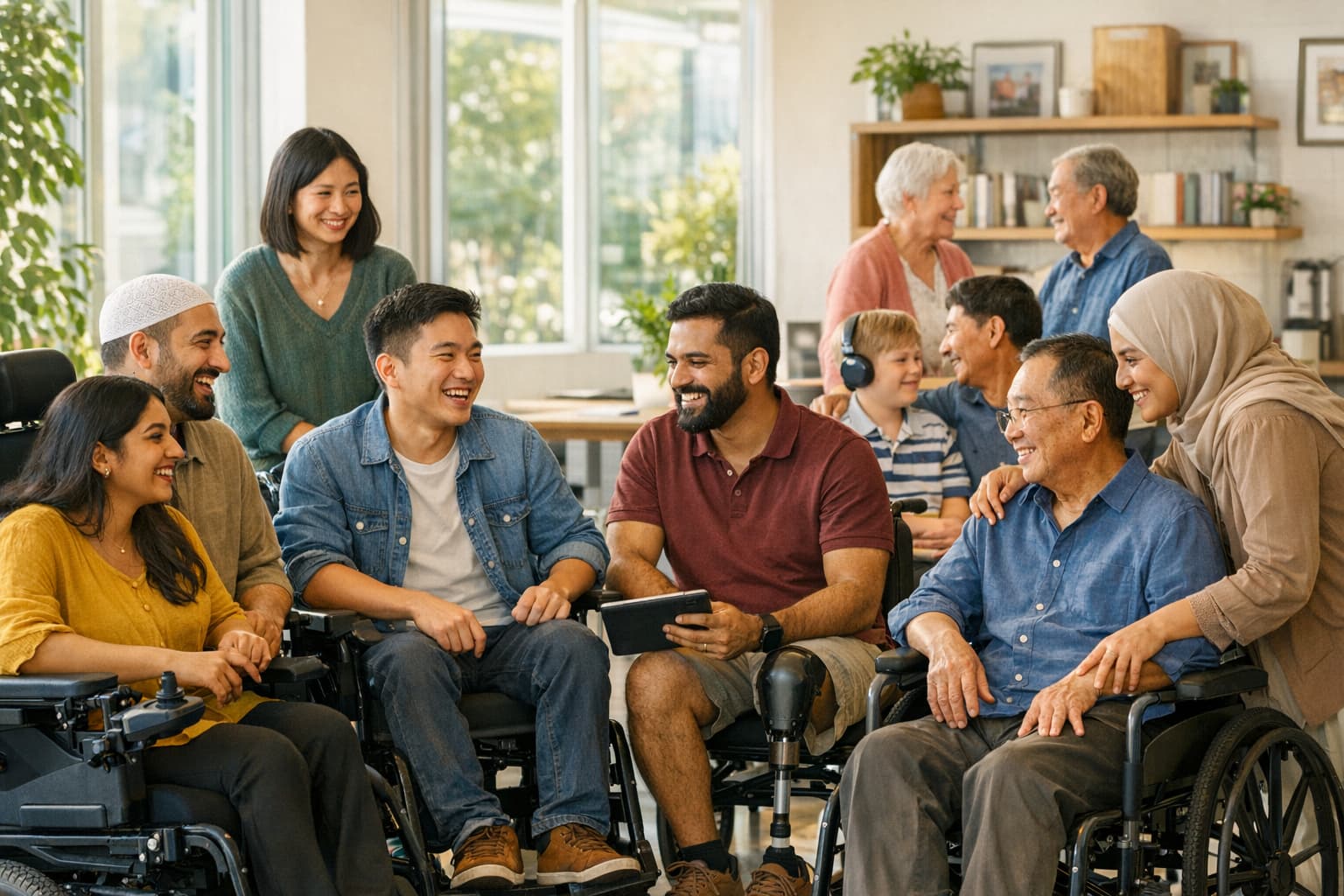 Diverse group of people with disabilities from culturally diverse backgrounds in a welcoming Western Sydney community space