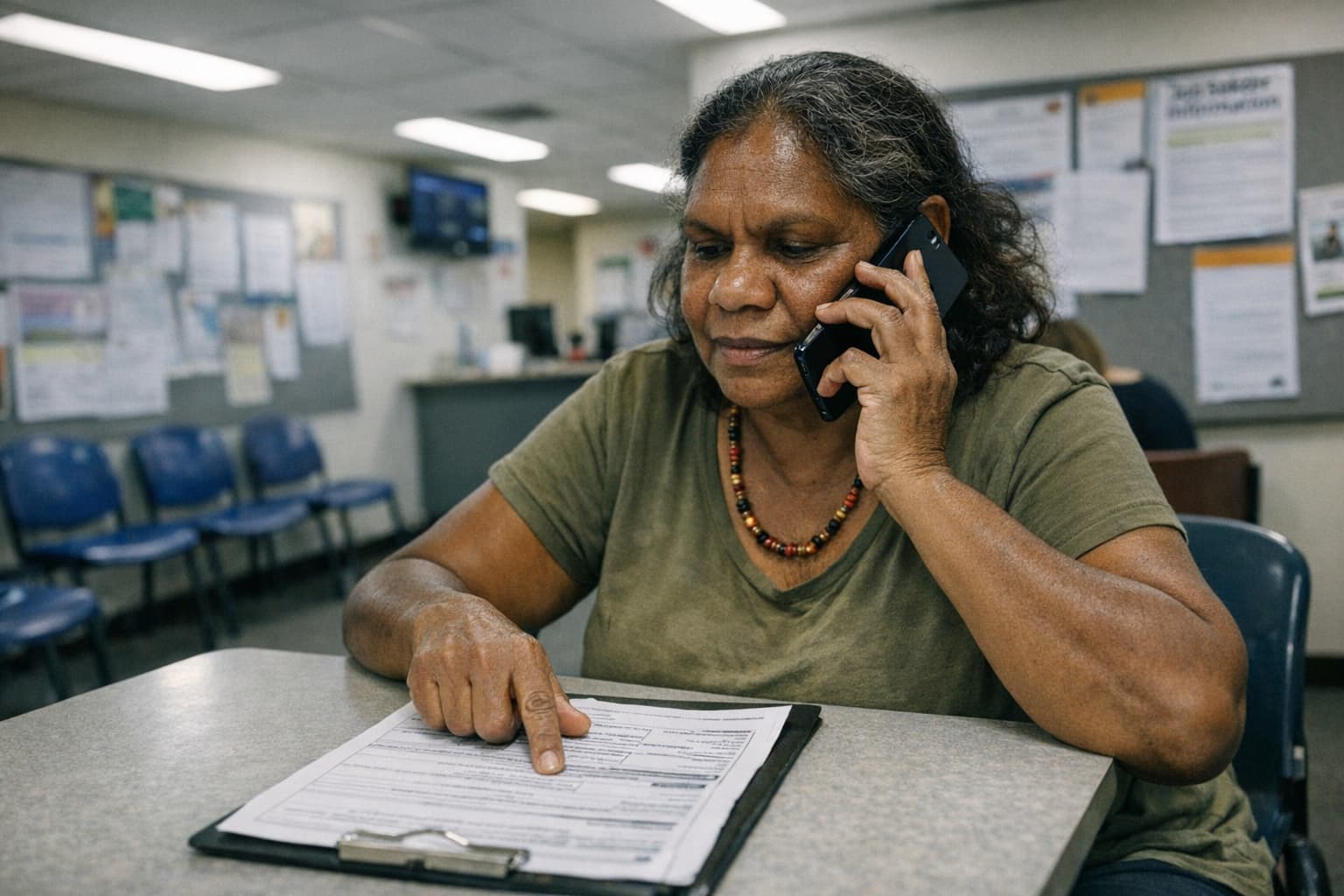 Aboriginal woman confidently navigating a government service by phone with a completed form in a waiting area