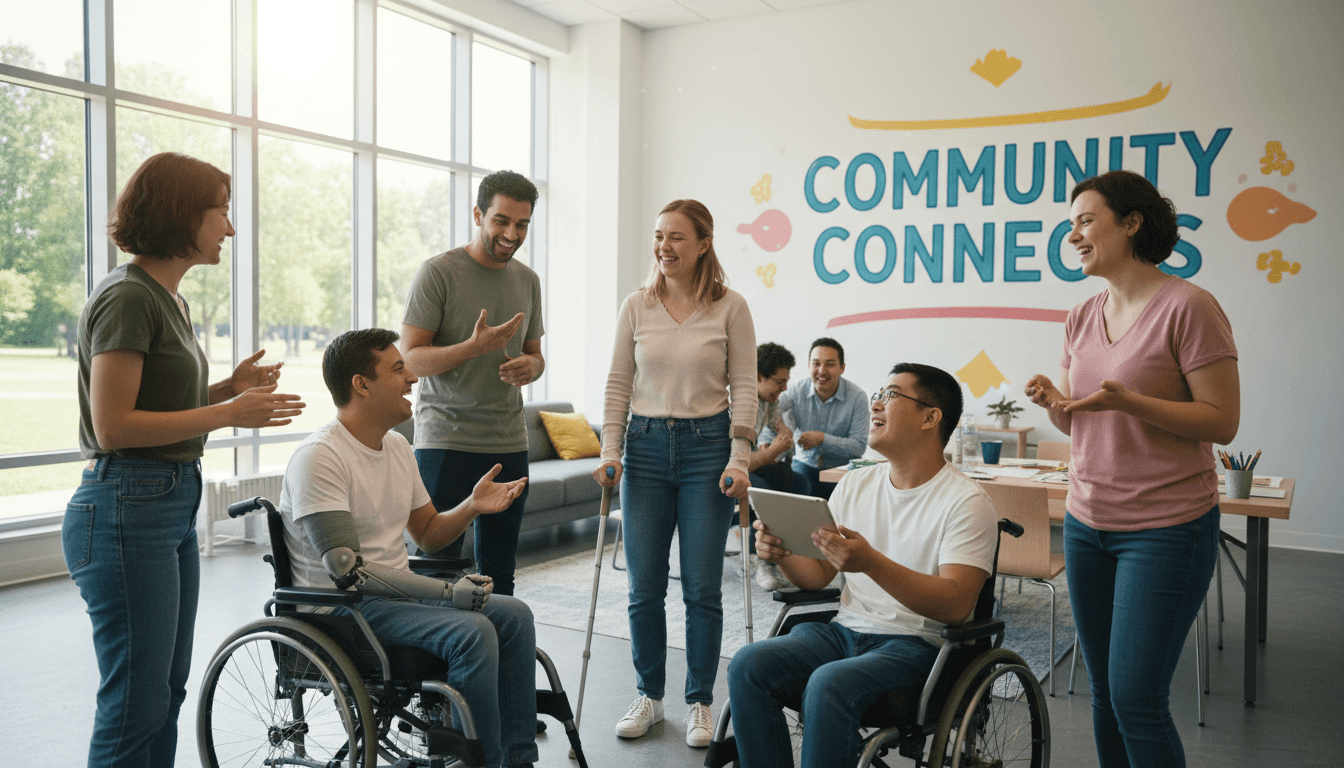 People with disabilities participating in a supportive group discussion at a community meeting