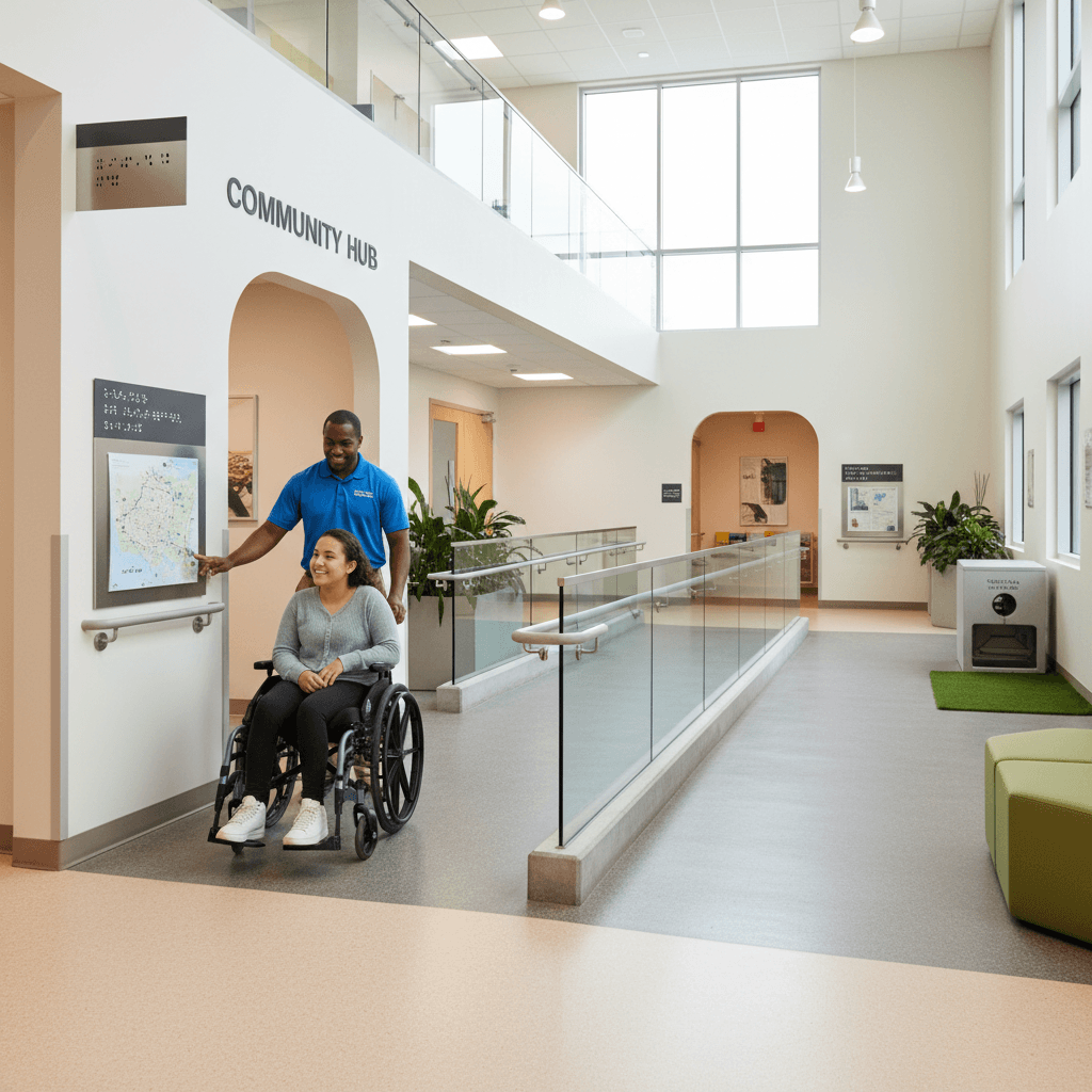 Facilitator and participant in accessible space