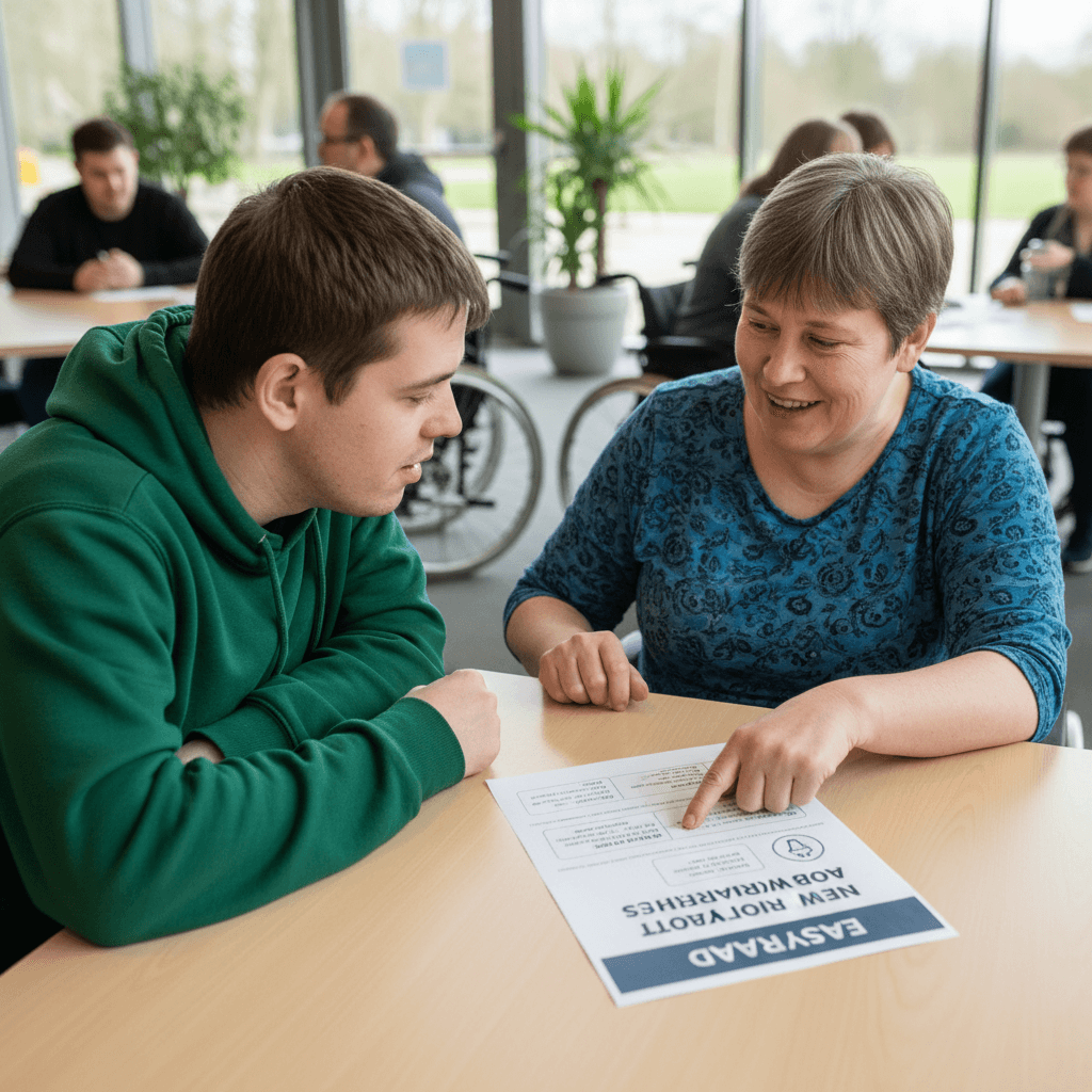 People discussing self-advocacy information from an Easy Read resource
