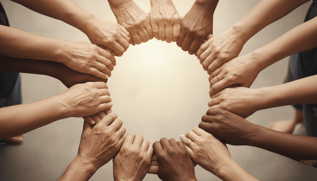 Hands joined together representing peer support, connection, and community solidarity