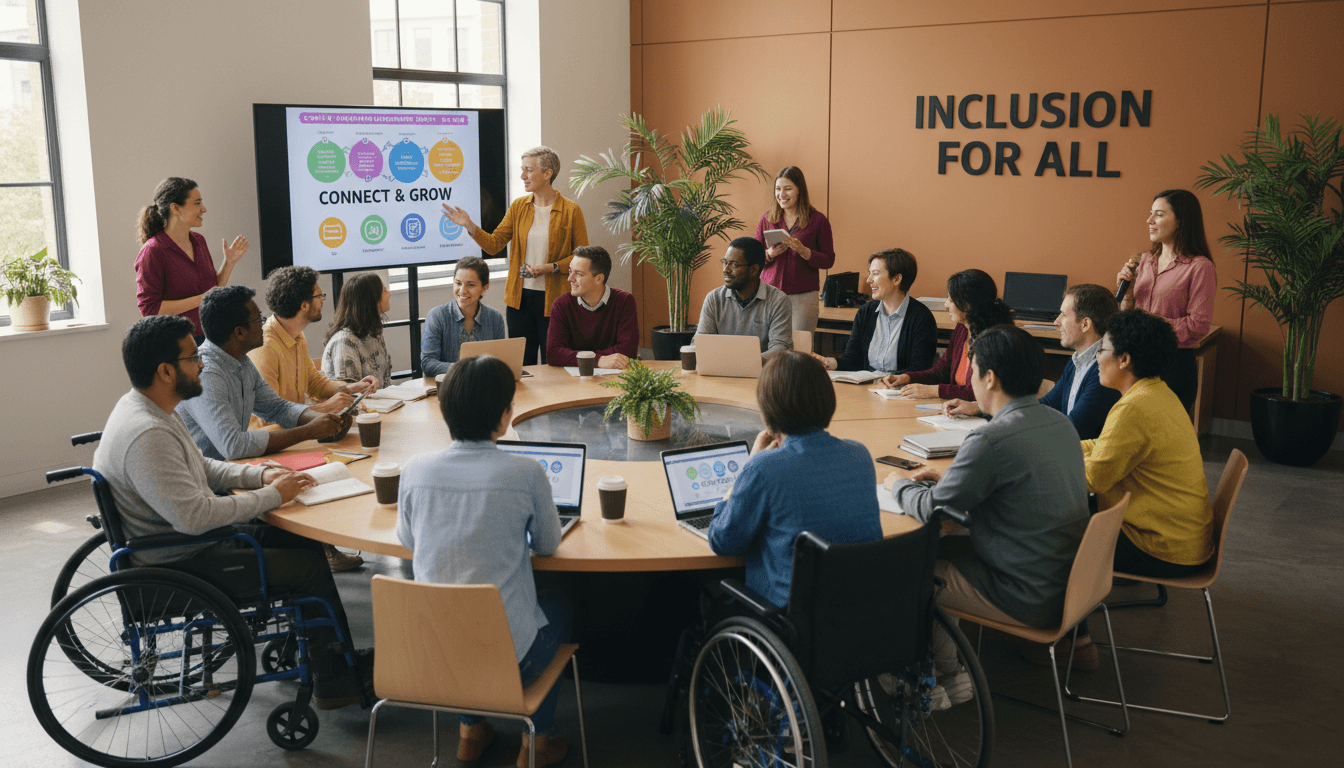 People with disabilities engaged in a supportive community discussion and learning environment