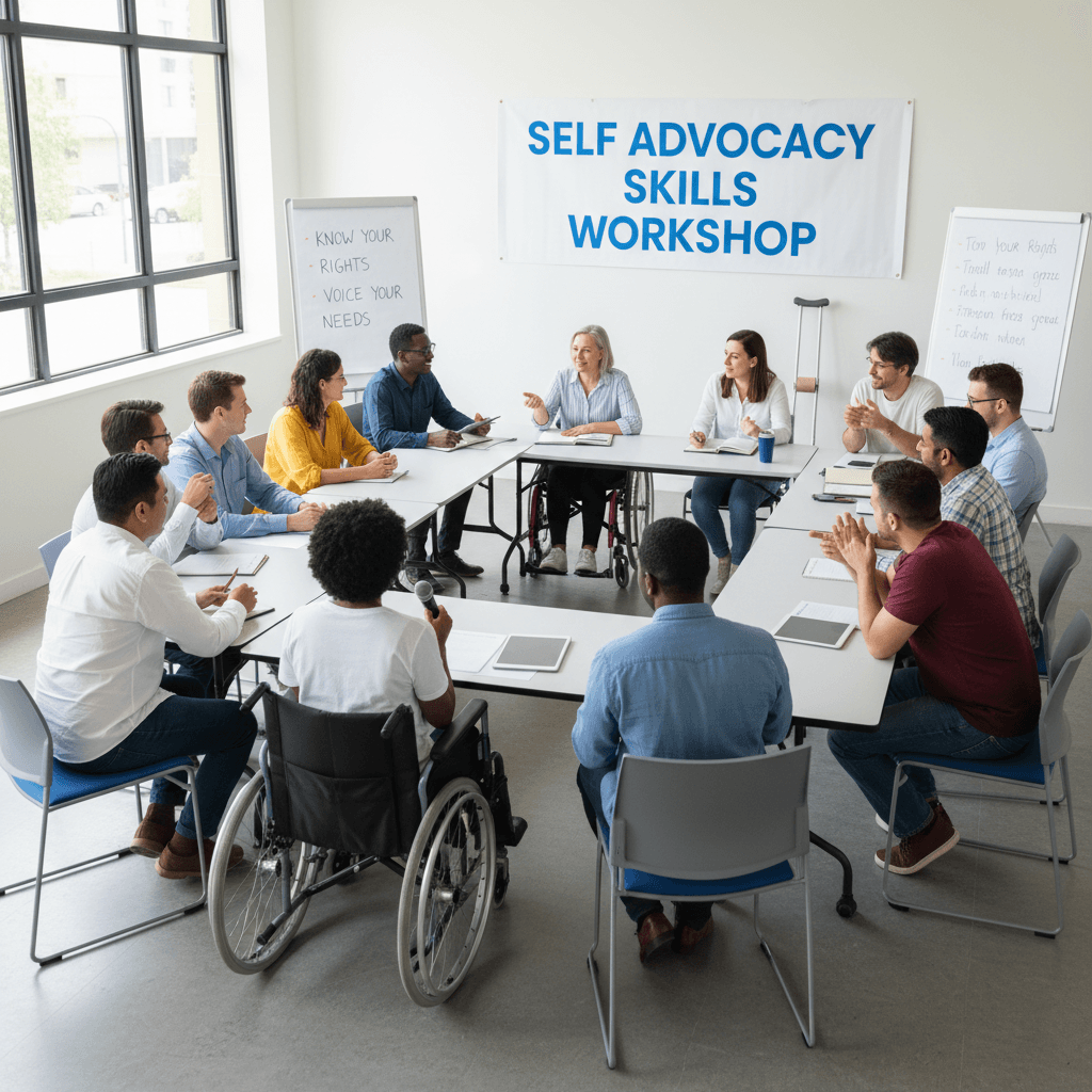 People with disabilities participating in a self-advocacy workshop