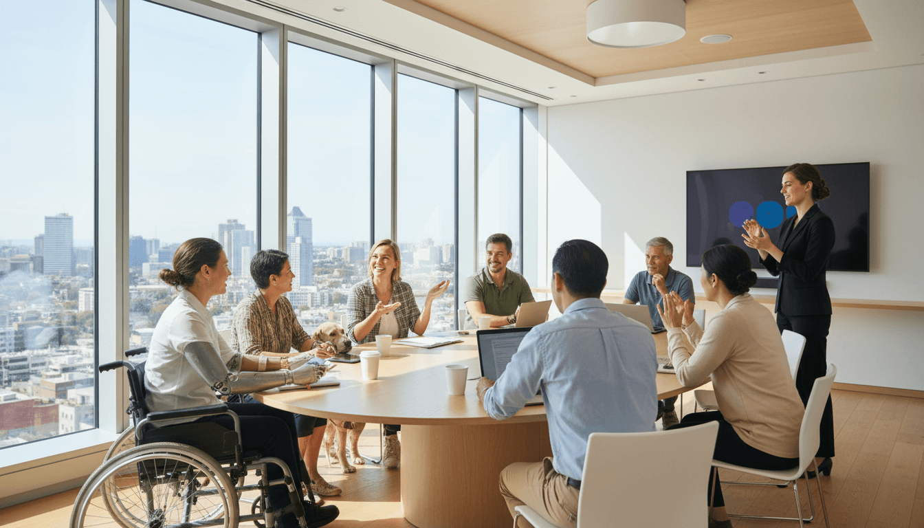 Group of people with disabilities collaborating in a bright modern space