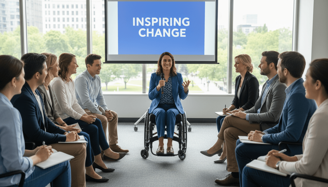Individual with disability advocating with confidence in a supportive group