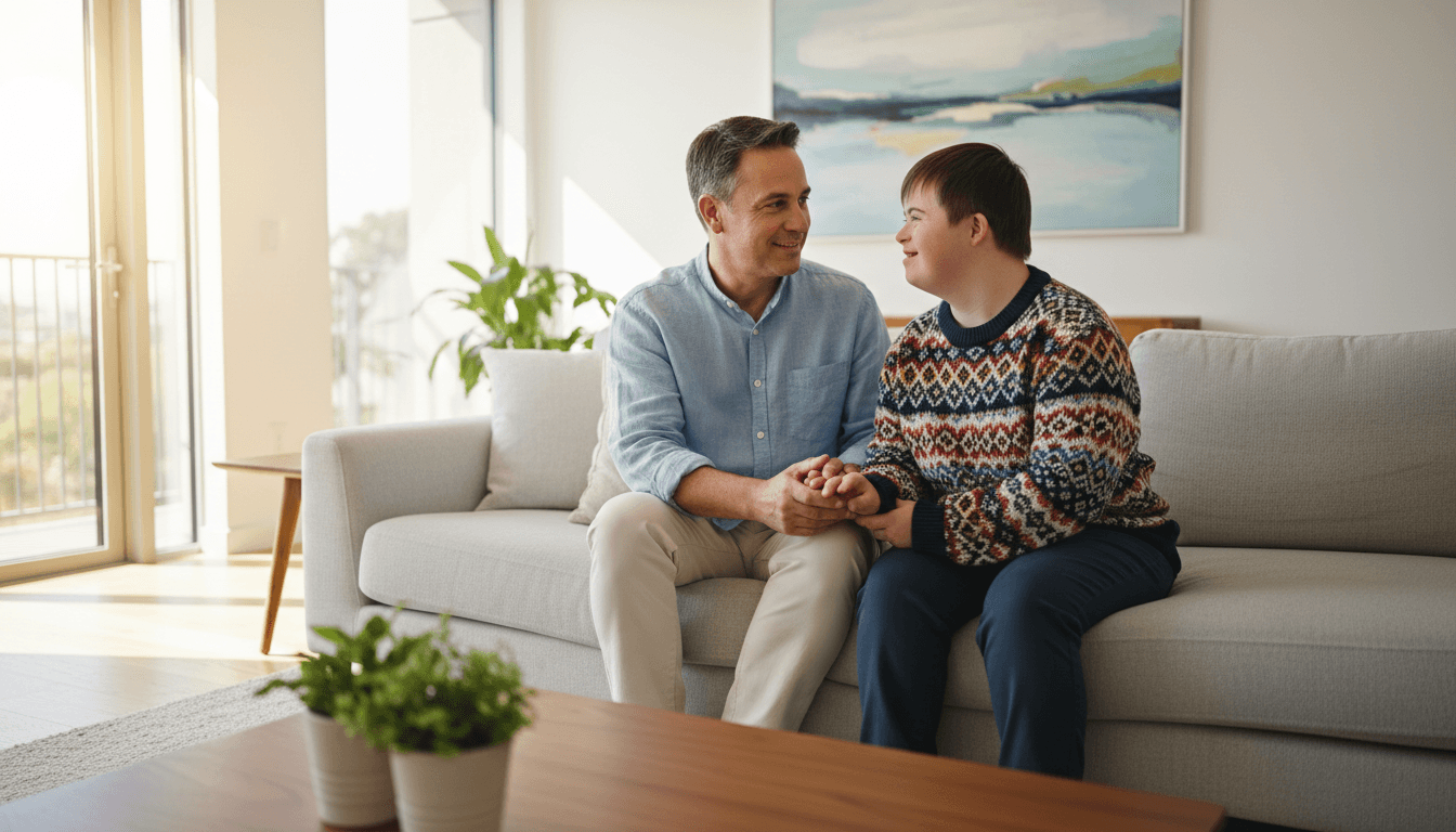 Parent and young adult with disability having a supportive conversation