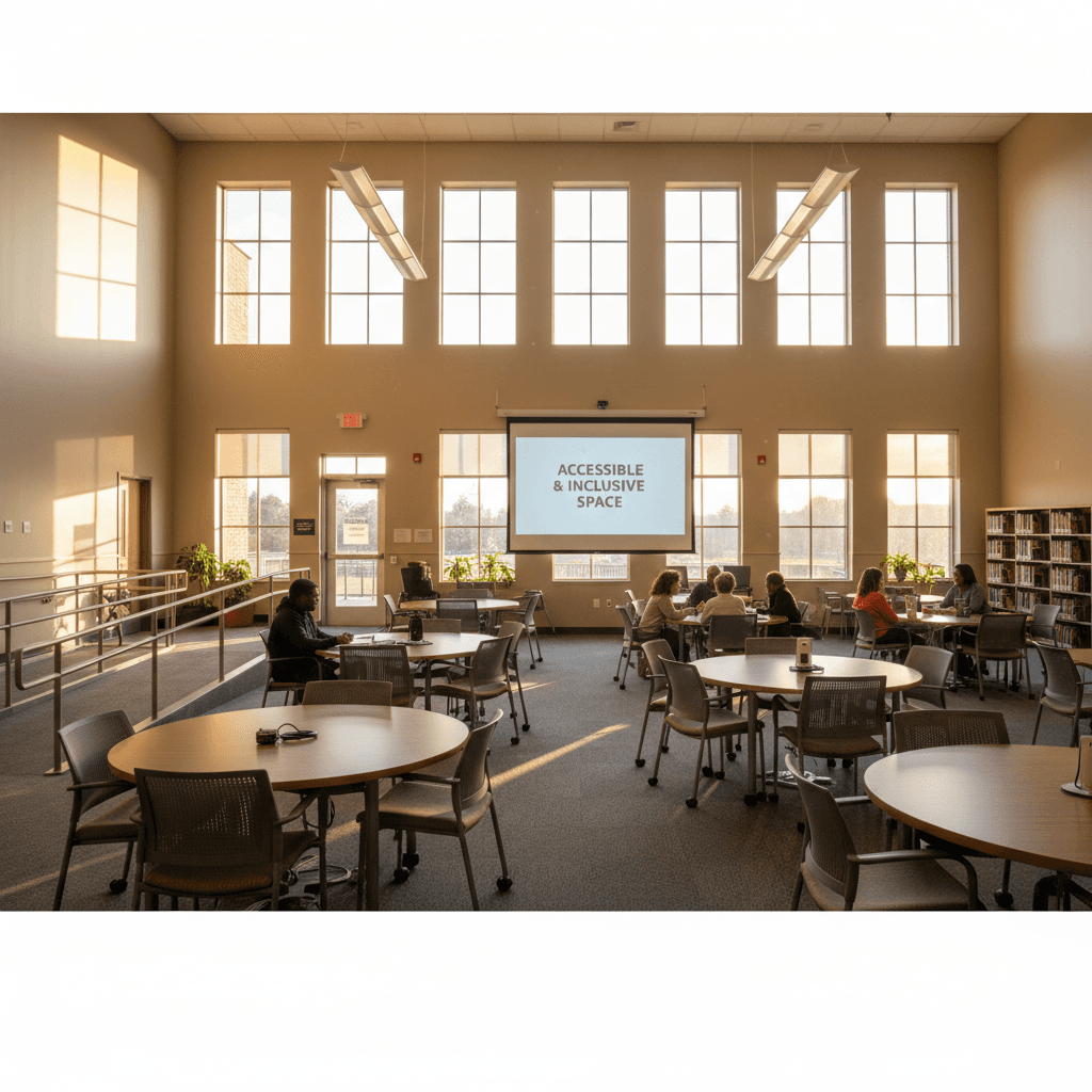 Community library meeting room with welcoming seating