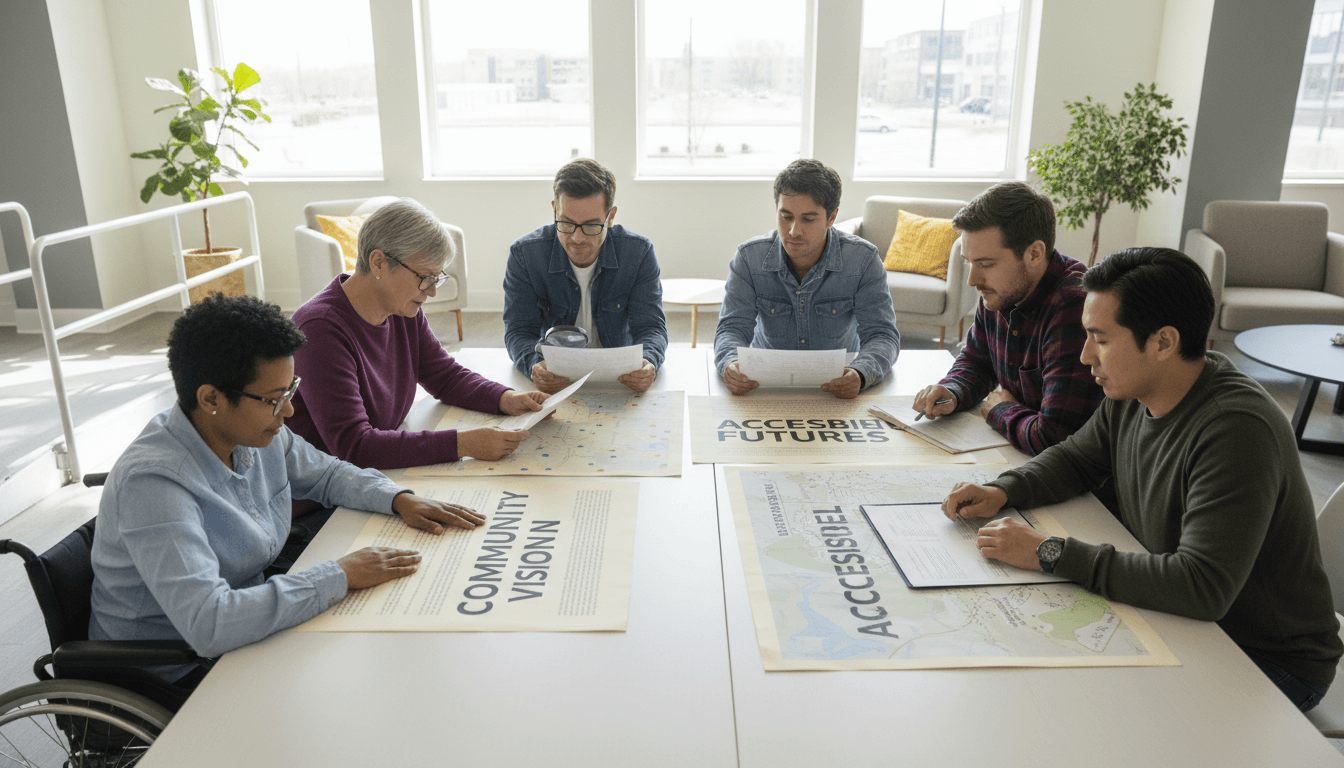 A diverse group of people reading translated and easy read documents together in a bright, accessible space