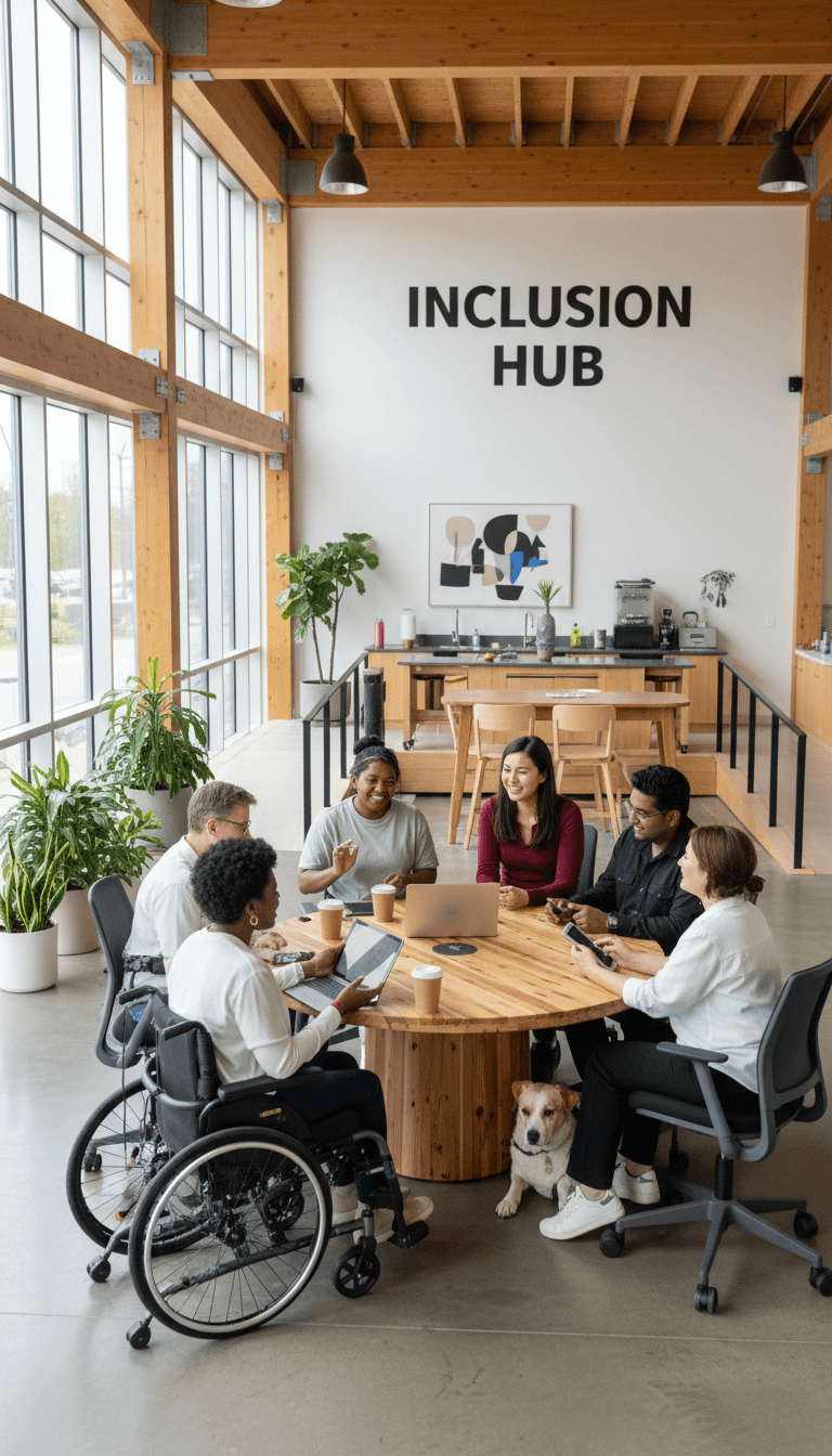 People with diverse disabilities in a welcoming community space together