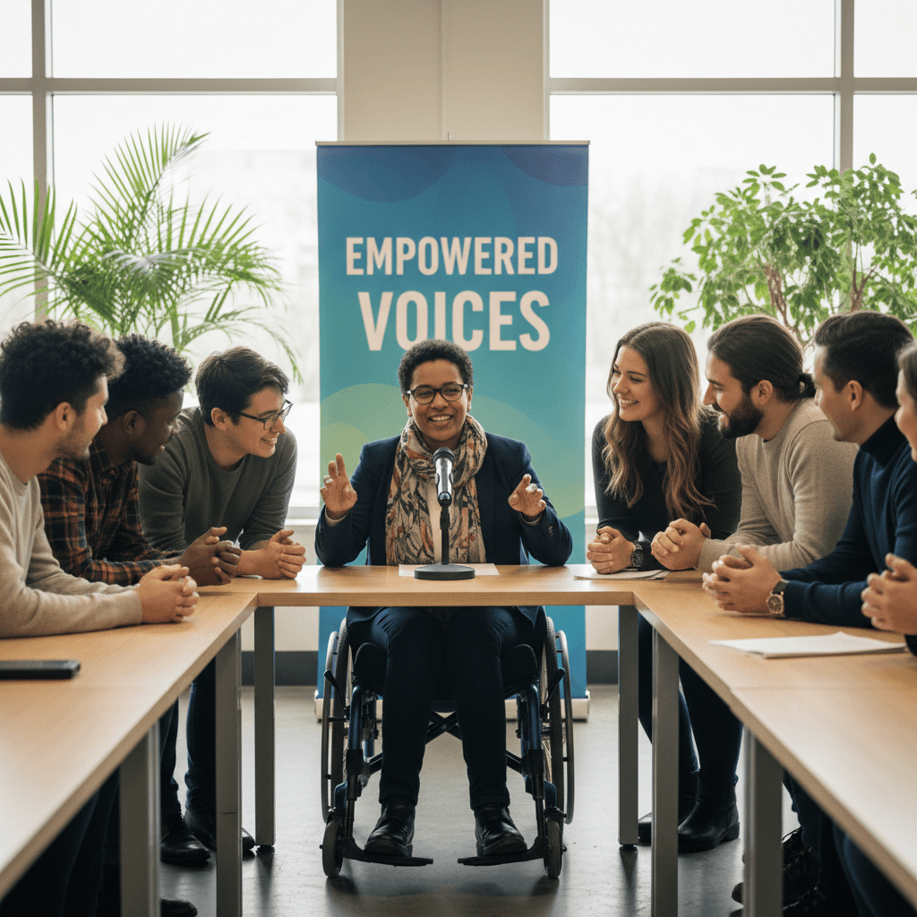 Person speaking with confidence in group setting