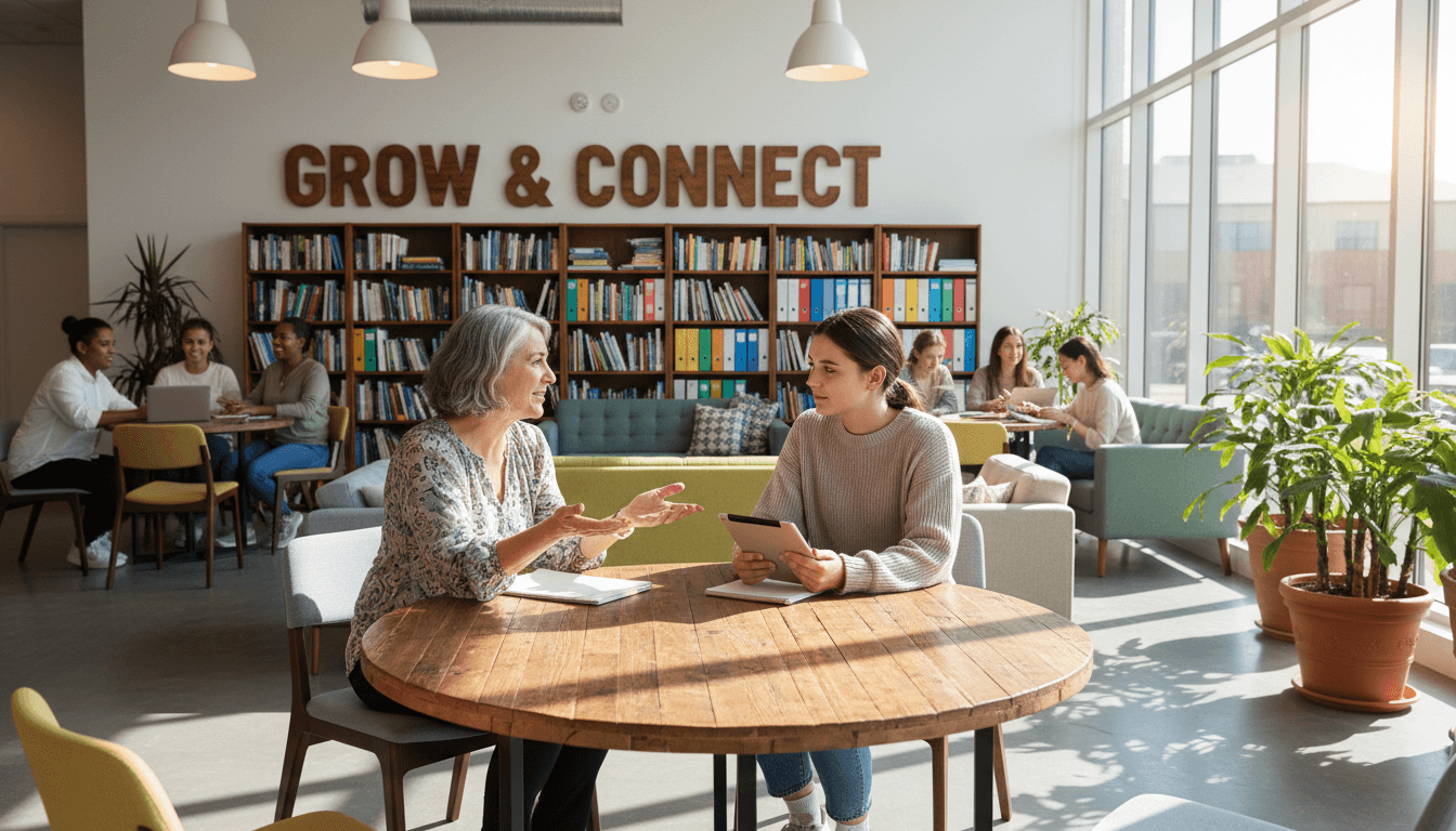 Mentor supporting someone with disability in a welcoming environment
