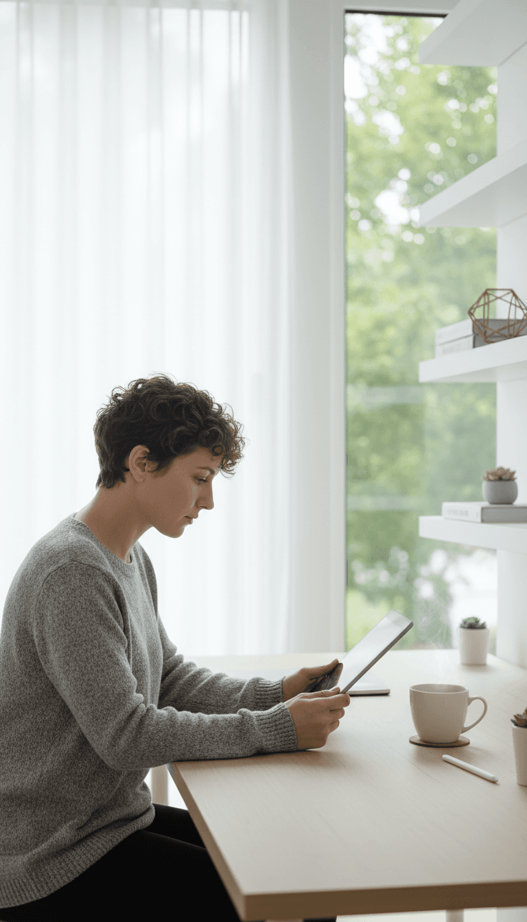 Person reviewing important documents on a tablet in a bright workspace