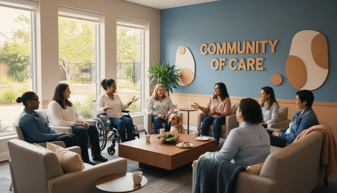 People with disabilities and family members engaged in supportive conversation in a warm, inclusive community setting