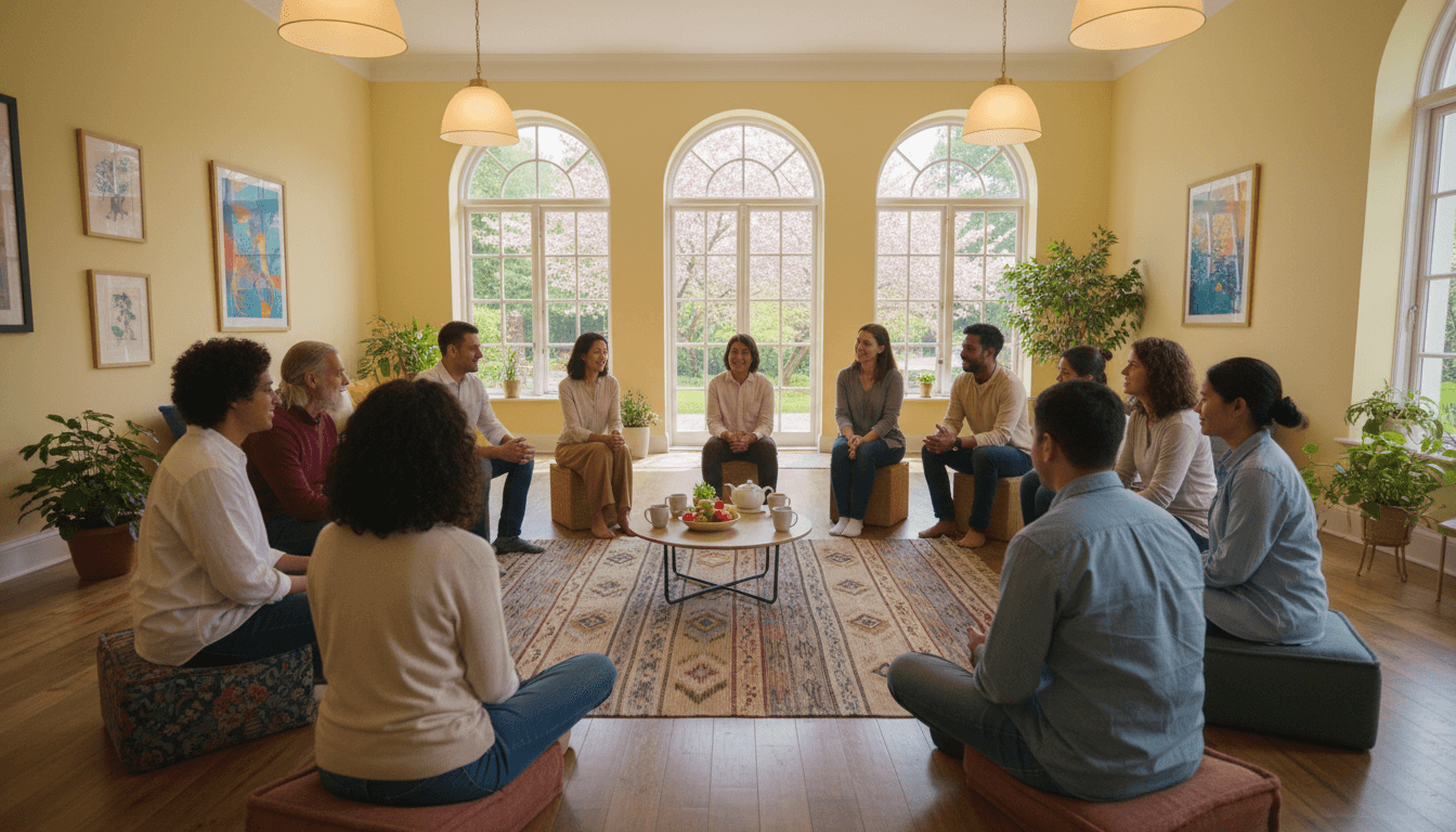 People with disabilities in a supportive peer circle discussing and sharing experiences together