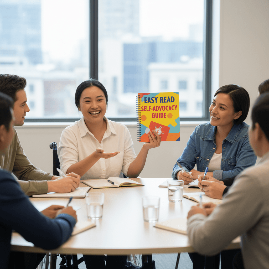 Person using an Easy Read guide to speak up in a group discussion