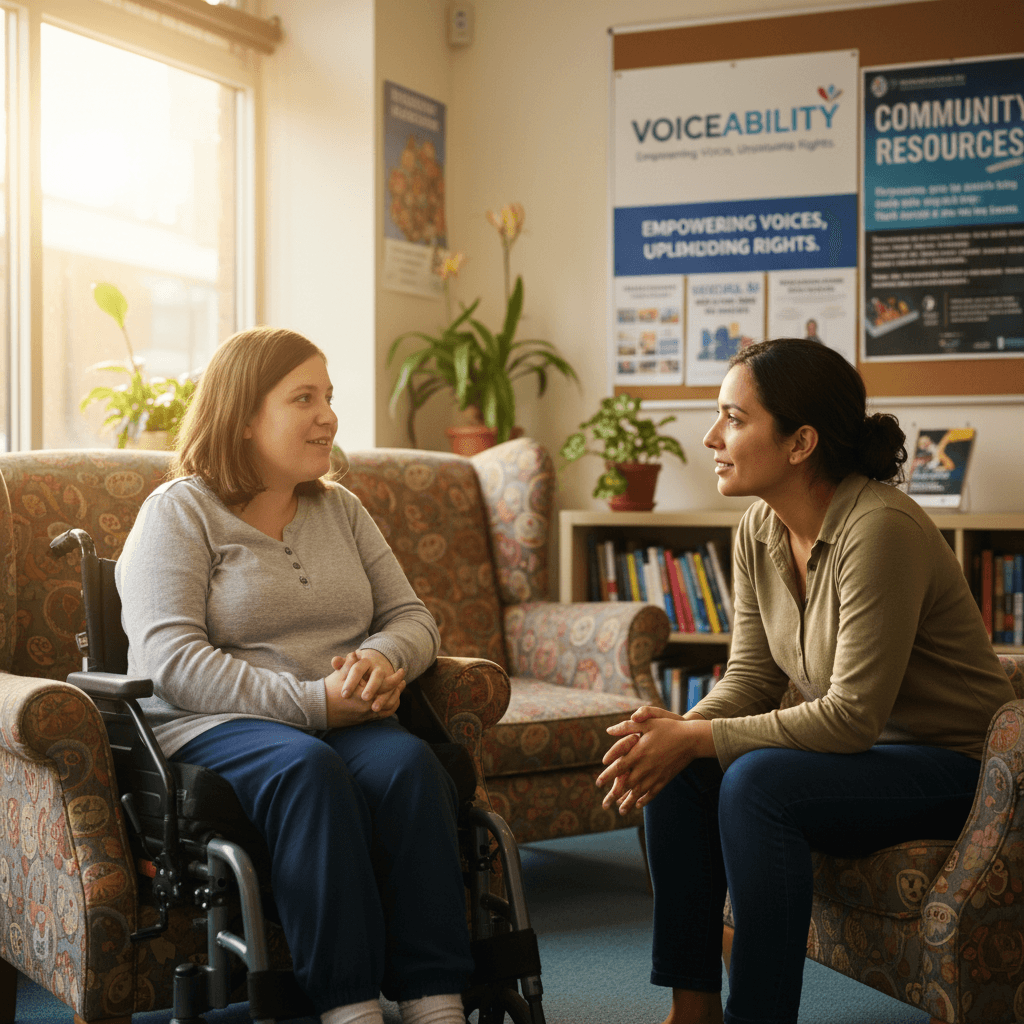 Person with disability receiving supportive care in a community center with a trained advocate.