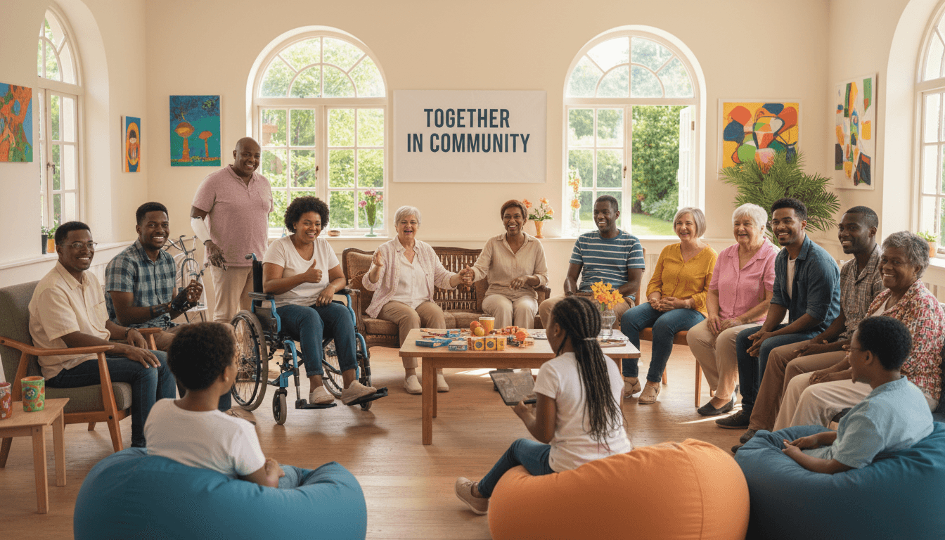 Group of diverse people smiling together in a supportive and inclusive community environment