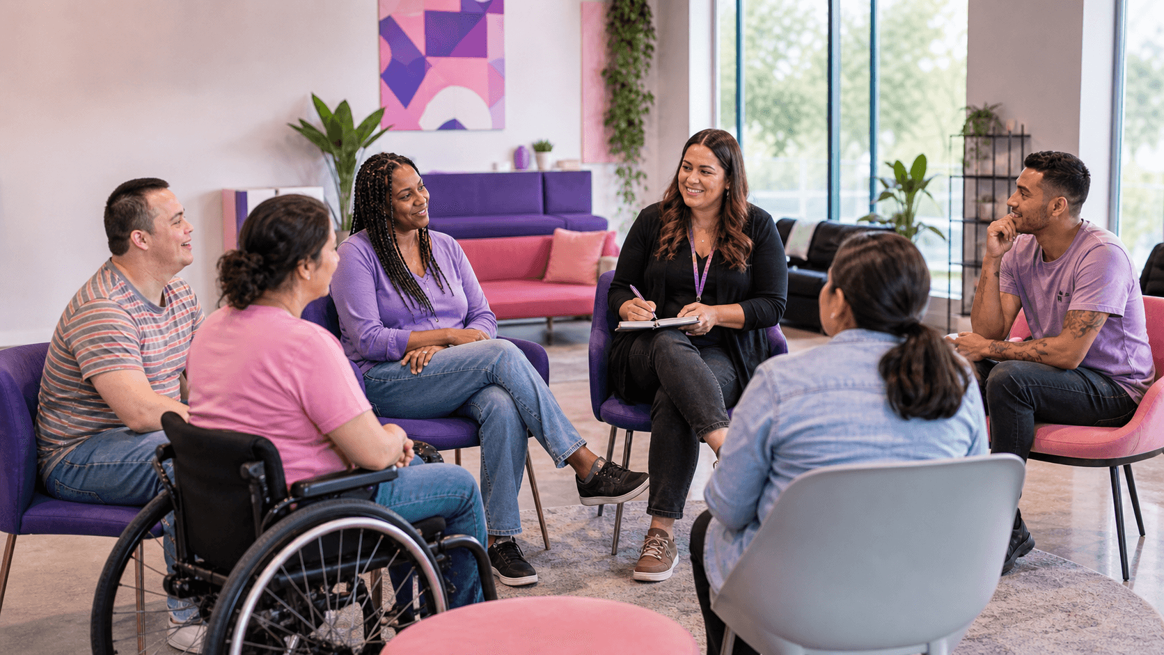 Diverse individuals sit in a circle, including a wheelchair user, during a facilitated group discussion.