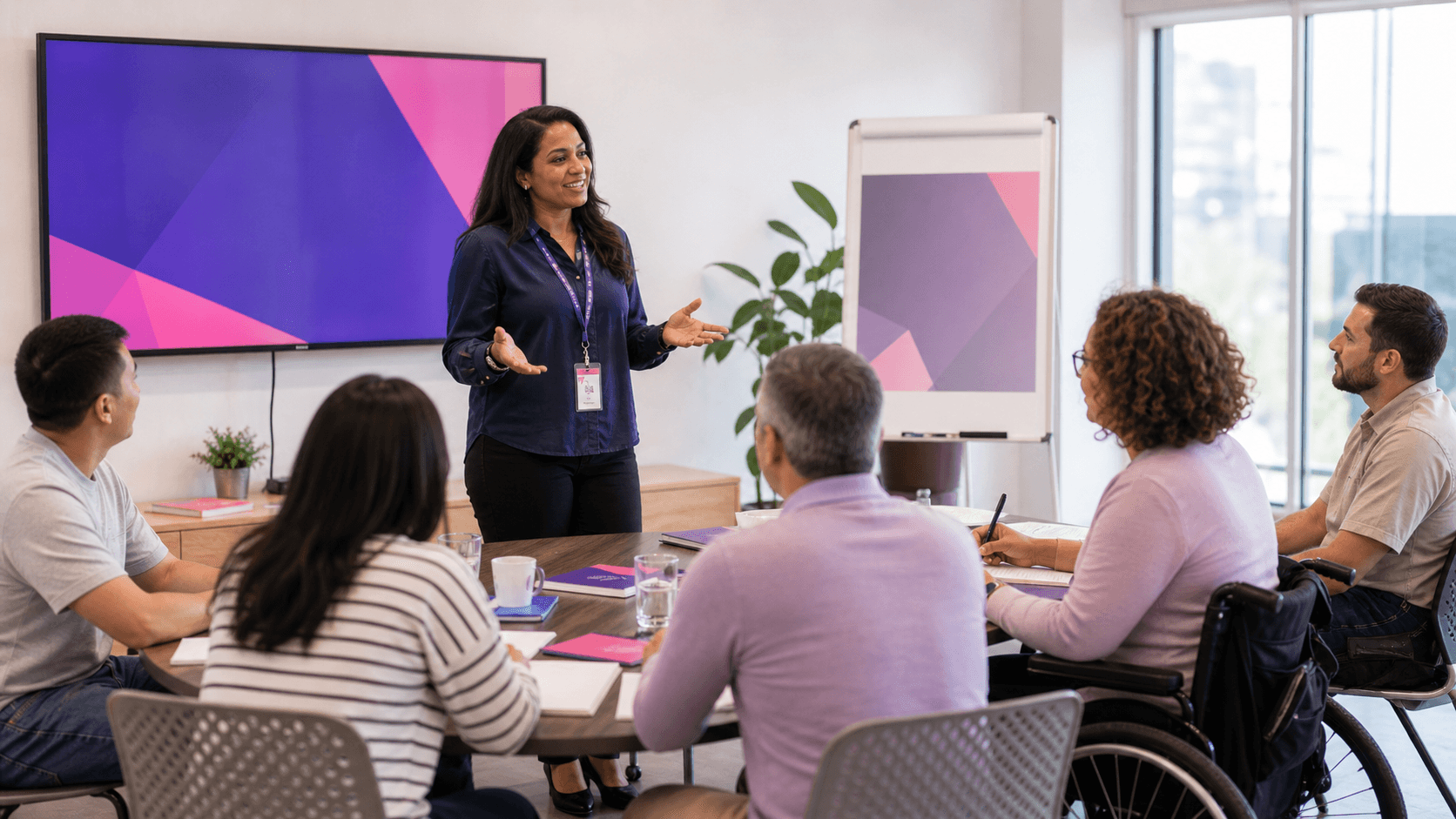 A woman leads a meeting for a diverse group of colleagues, including a wheelchair user.