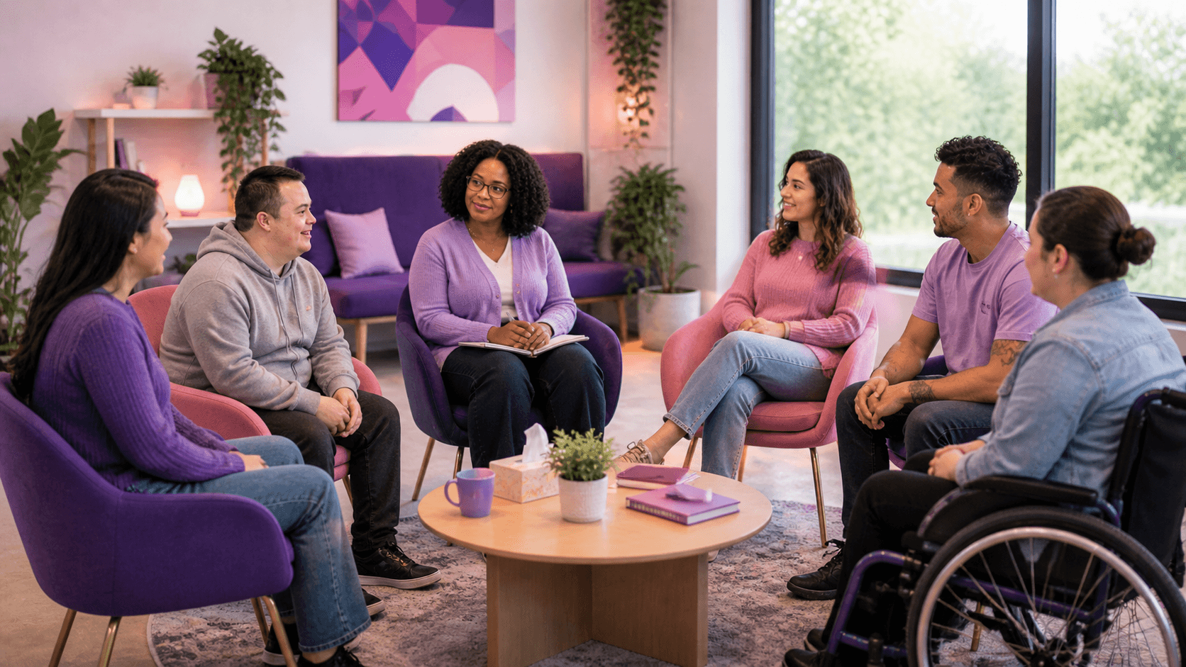 Diverse group of people sitting in a circle for a supportive discussion in a modern room.