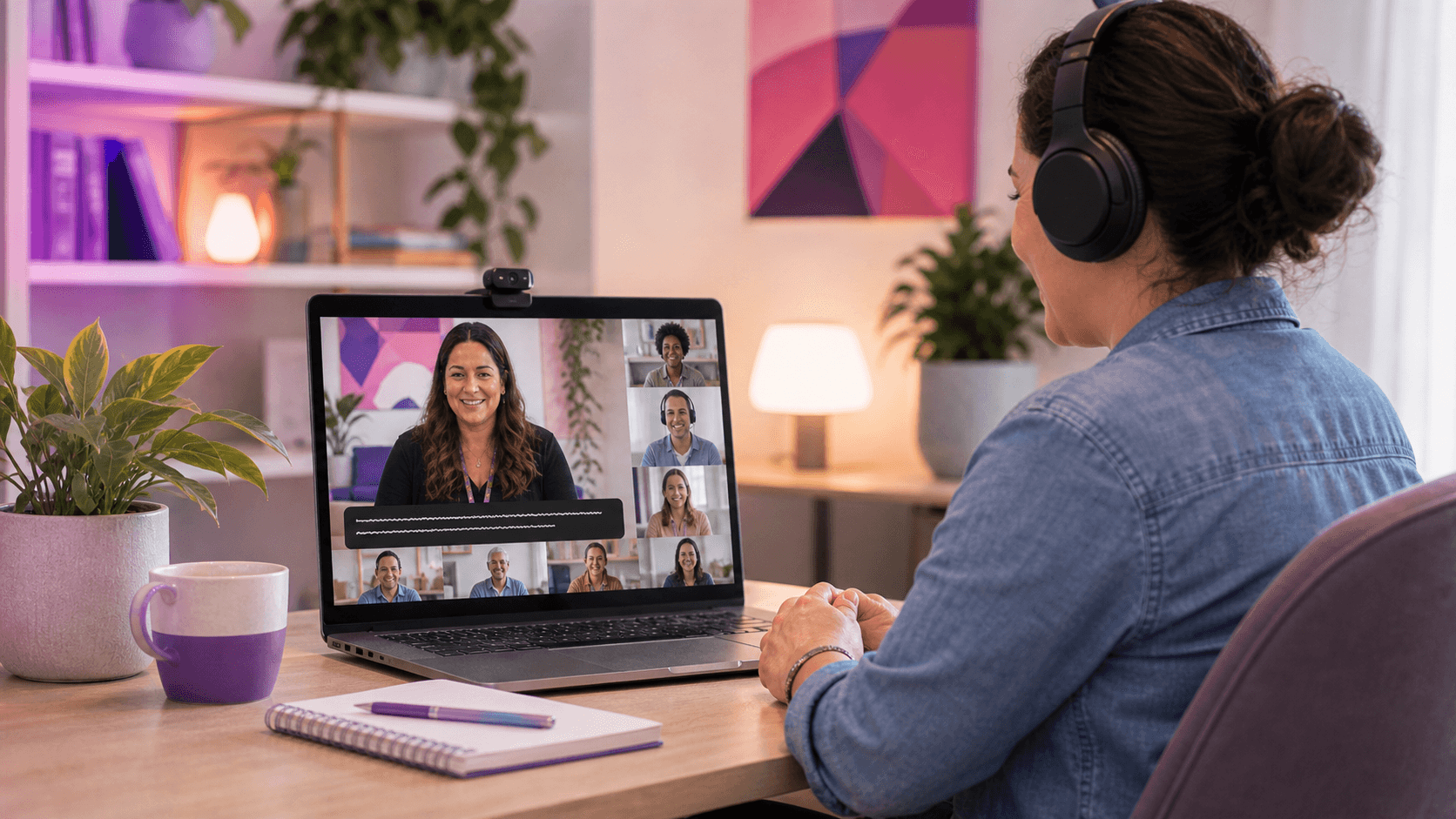 Woman wearing headphones joins a video conference call on her laptop in a home office.