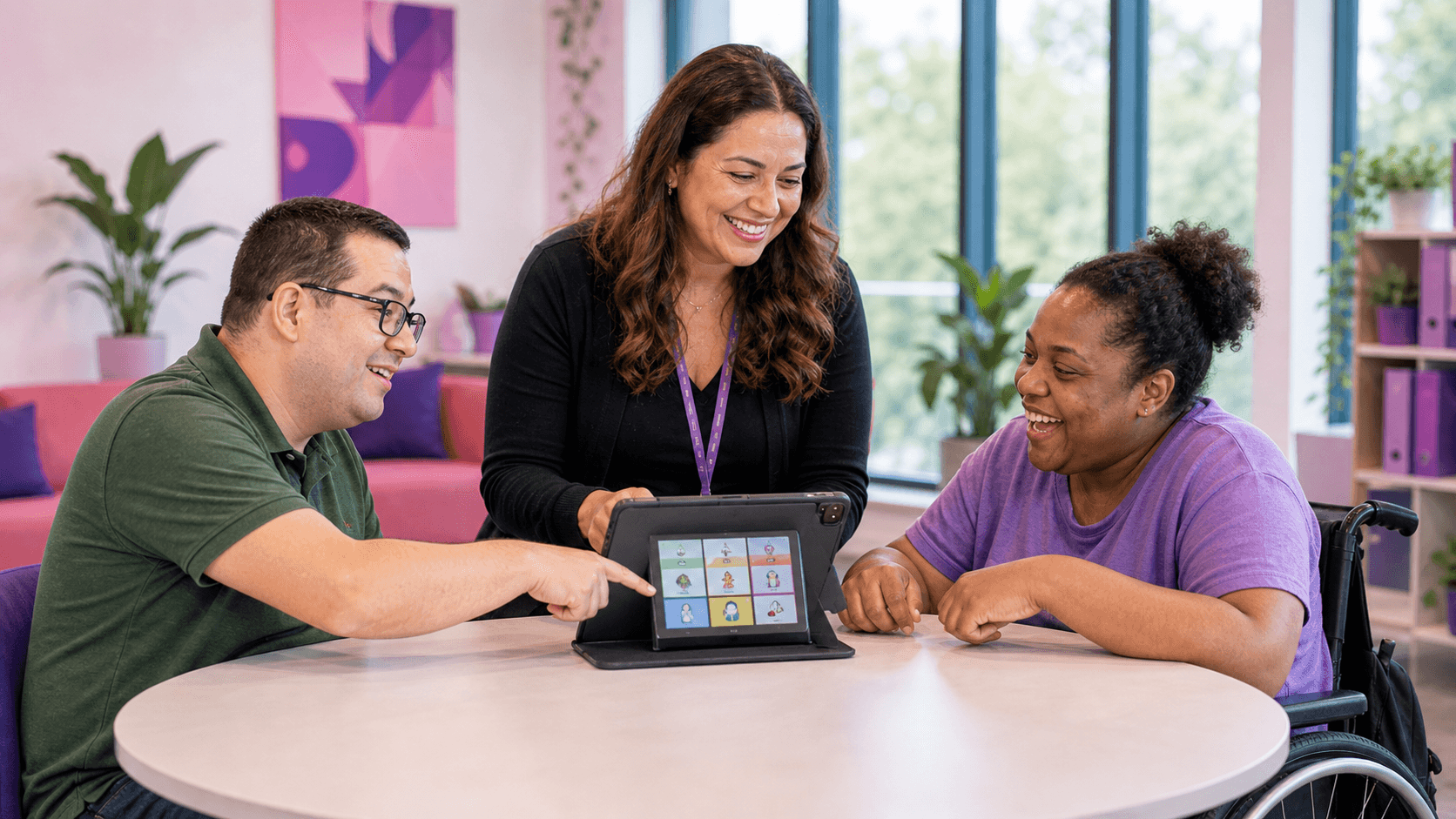 Three smiling adults, including a wheelchair user, interact with a communication app on a tablet.