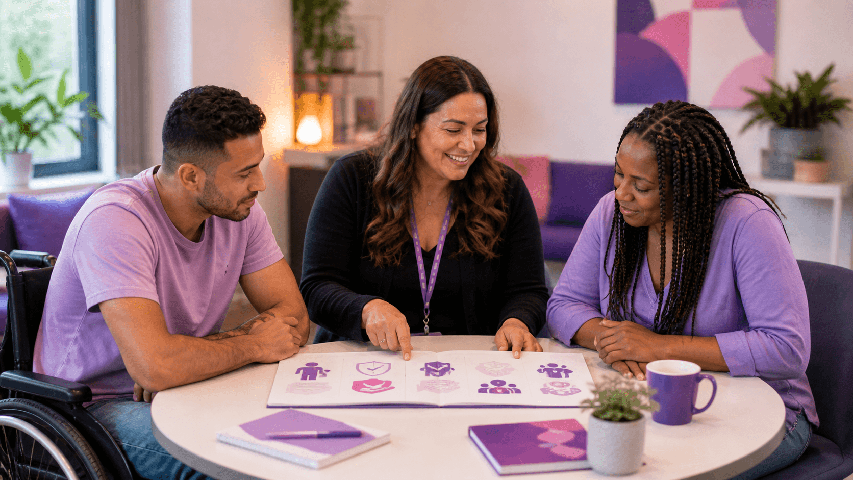 Three people, including a man in a wheelchair, review a document with purple icons.