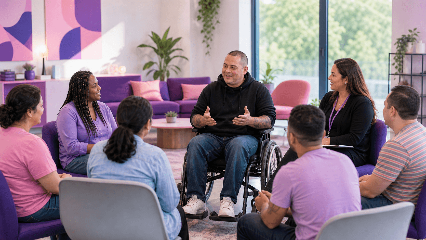 Diverse group in a circle listening to a man in a wheelchair speak and gesture.