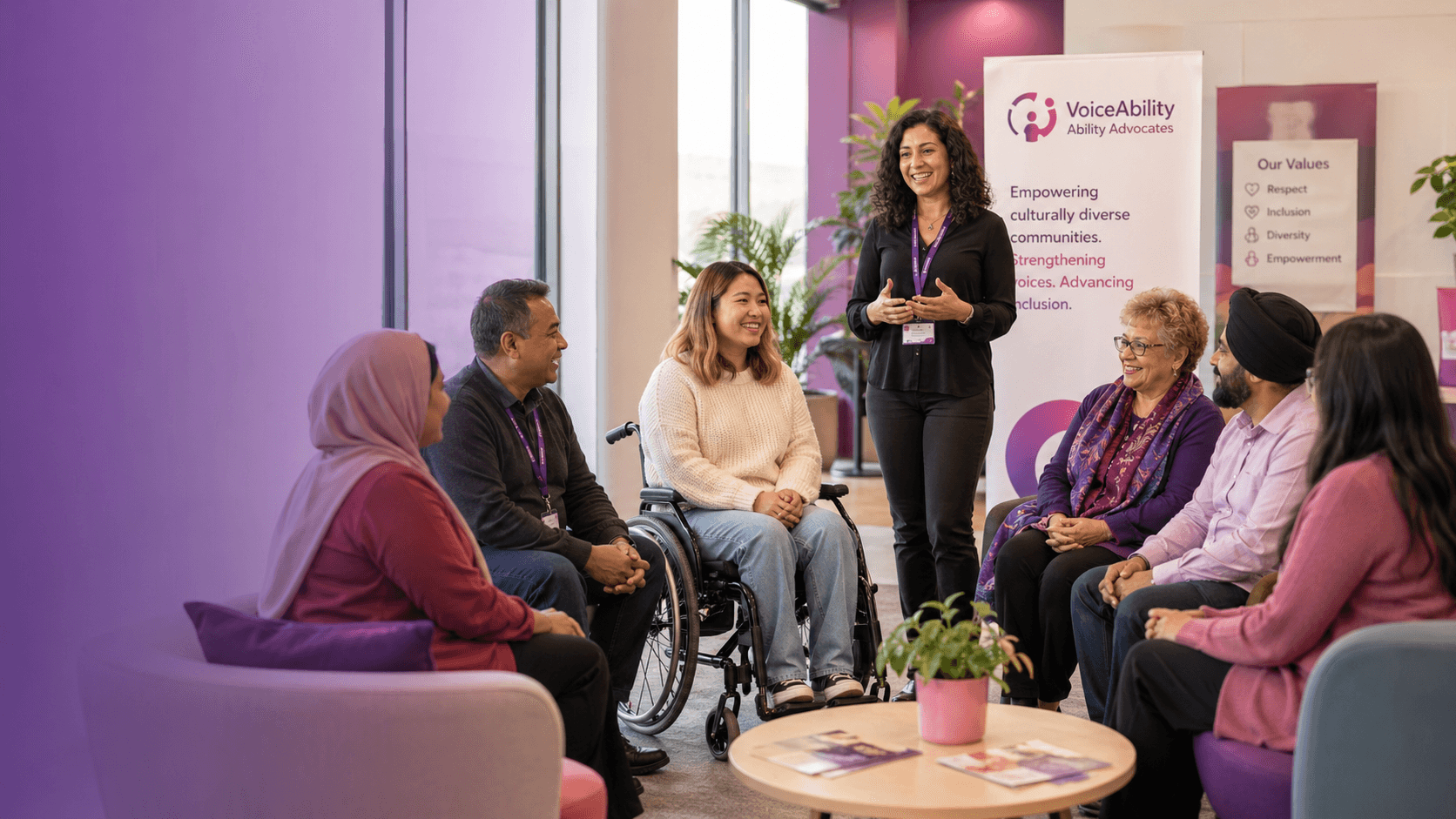 Diverse group of people, including a wheelchair user, listening to a woman speaking at VoiceAbility.