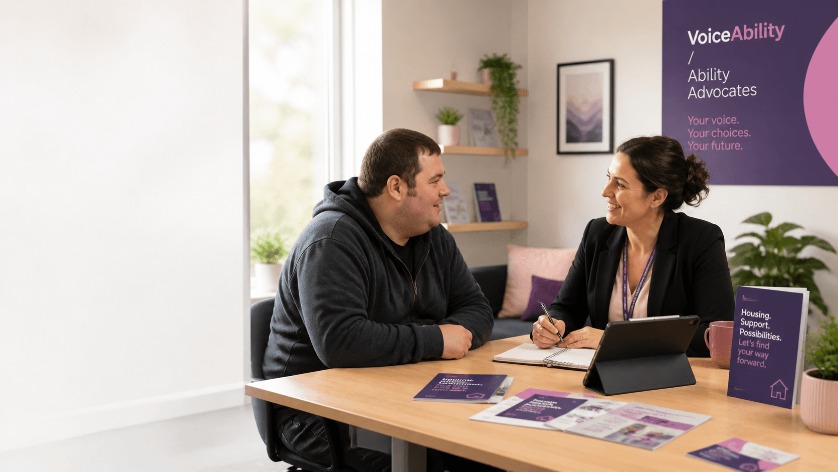 A smiling female advocate consults with a man at a desk with informational brochures.